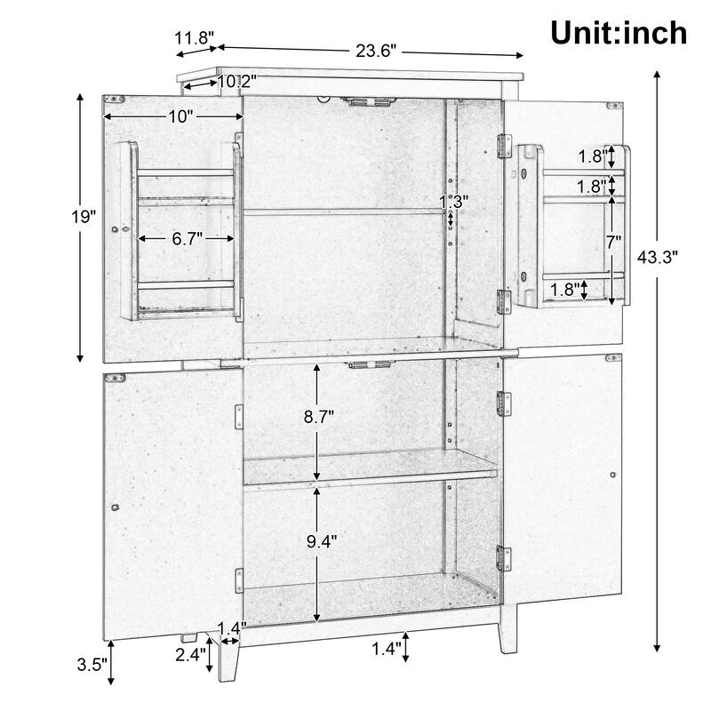 Bathroom Floor Storage Cabinet, Bathroom Storage Unit, with 4 Doors, Adjustable Shelves,Multiple Storage Space
