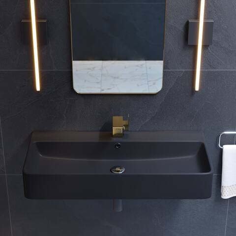 Carre 36 Rectangle Wall-Mount Bathroom Sink in Matte Black