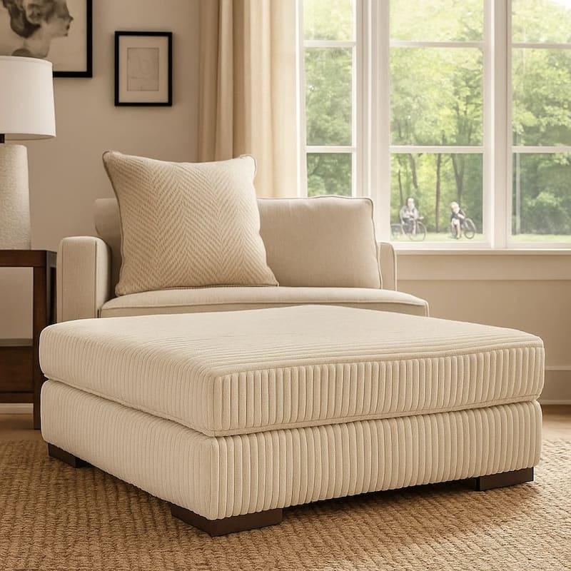 Lindy Accent Ottoman, Square 51 Inch Modern Style, Ivory Polyester