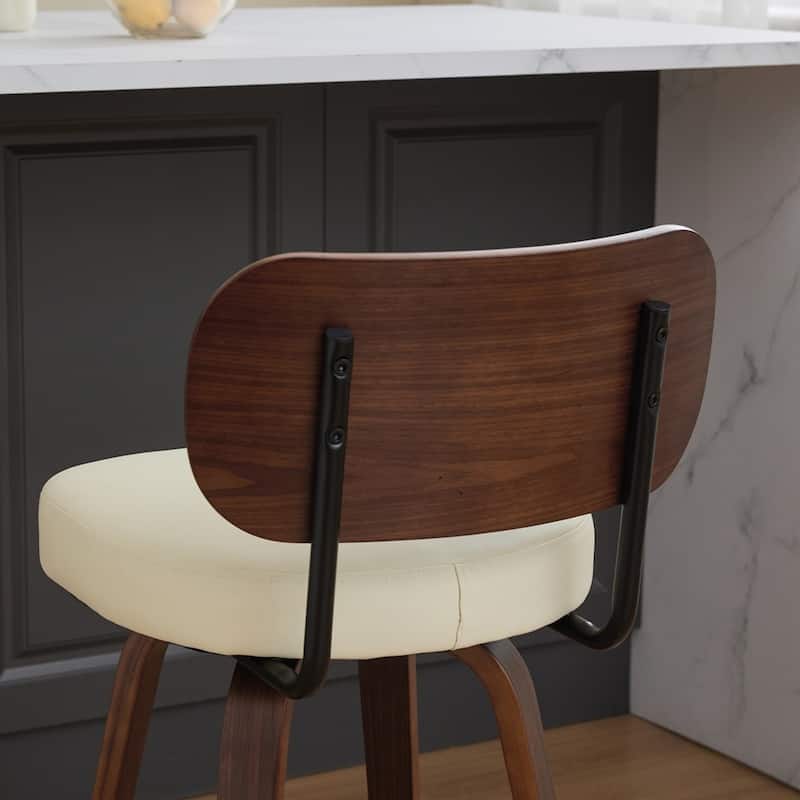 Upholstered Faux Leather Counter Height Barstools with Walnut Back and Bentwood Legs
