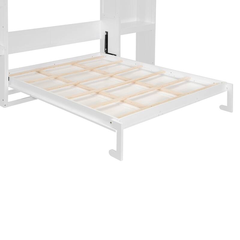 Queen Murphy Bed with Fold-Out Desk, Flip-Up Vanity Mirror, and Storage Cabinets, Space-Saving Design