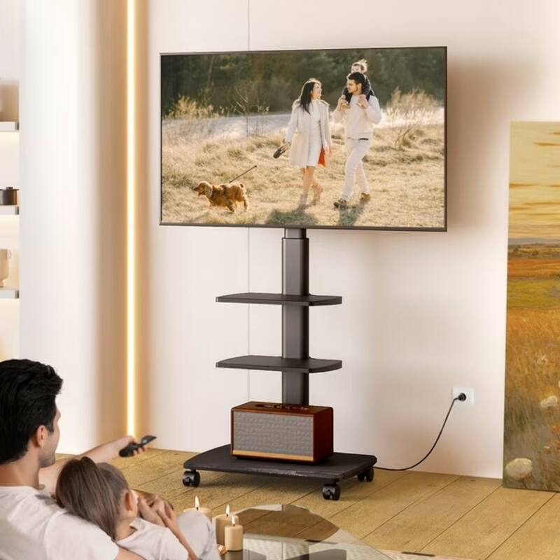 FITUEYES Rolling TV Stand for 32-70 Inch TVs with Power Strip, Height Adjustable with Wheels Wood Base Hold up to 88 lbs - Black