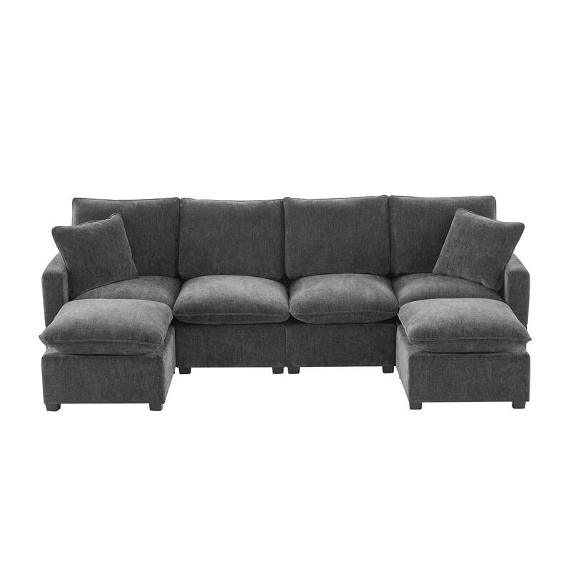 Dark Grey Chenille Deep Seat Ushape Sectional Sofa Sets w/ Ottoman