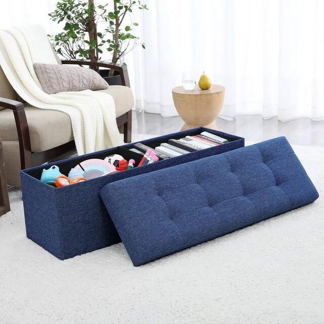 Foldable Tufted Linen Storage Ottoman Bench - Navy
