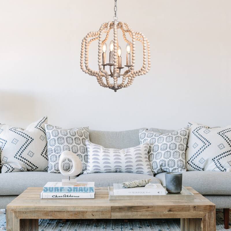 OYIPRO 4-Light Farmhouse Geometric Chandelier with Wood Beads