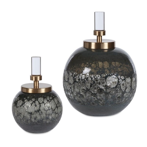 slide 2 of 5, Uttermost 17729 Cessair 7" Wide Crystal and Glass Bottles - Set of 2 Blue-Gray / Brushed Brass
