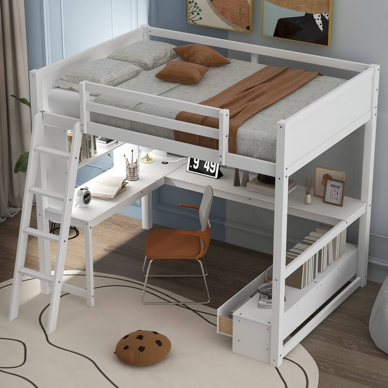 Loft Bed with L-shaped Multi-storage Desk, LED light and USB Charging Station, Storage Bench with 2 Drawers - White