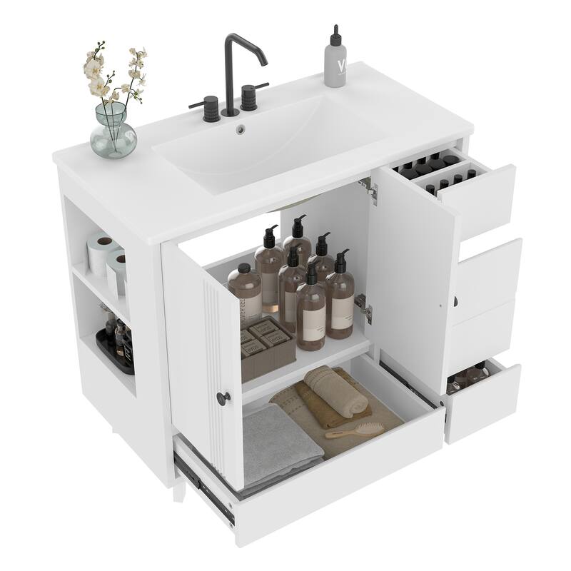 36" Freestanding Bathroom Vanity with Sink - Wood Cabinet with 4 Drawers & Side Storage Rack, Ceramic Basin
