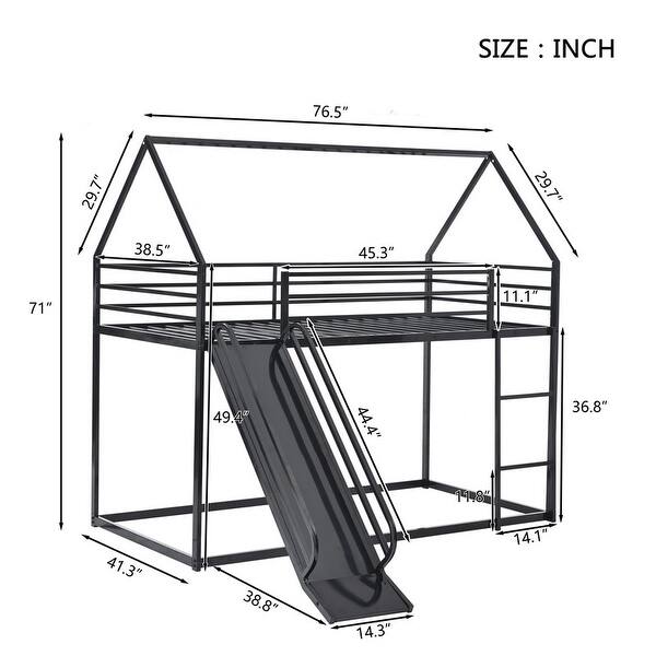 dimension image slide 1 of 2, Twin over Twin House Bunk Bed with Convertible Slide, Ladder and Safety Guardrail