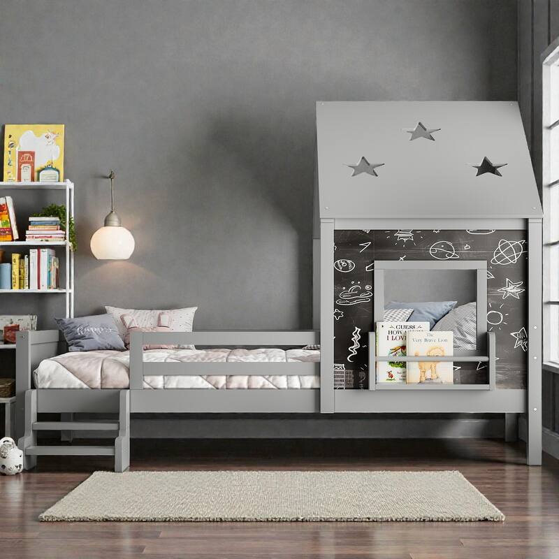 Kids House Platform Bed with Stairs, Star Roof, Window, Bookcase & Blackboard, Solid Wood Low Profile Bed No Box Spring