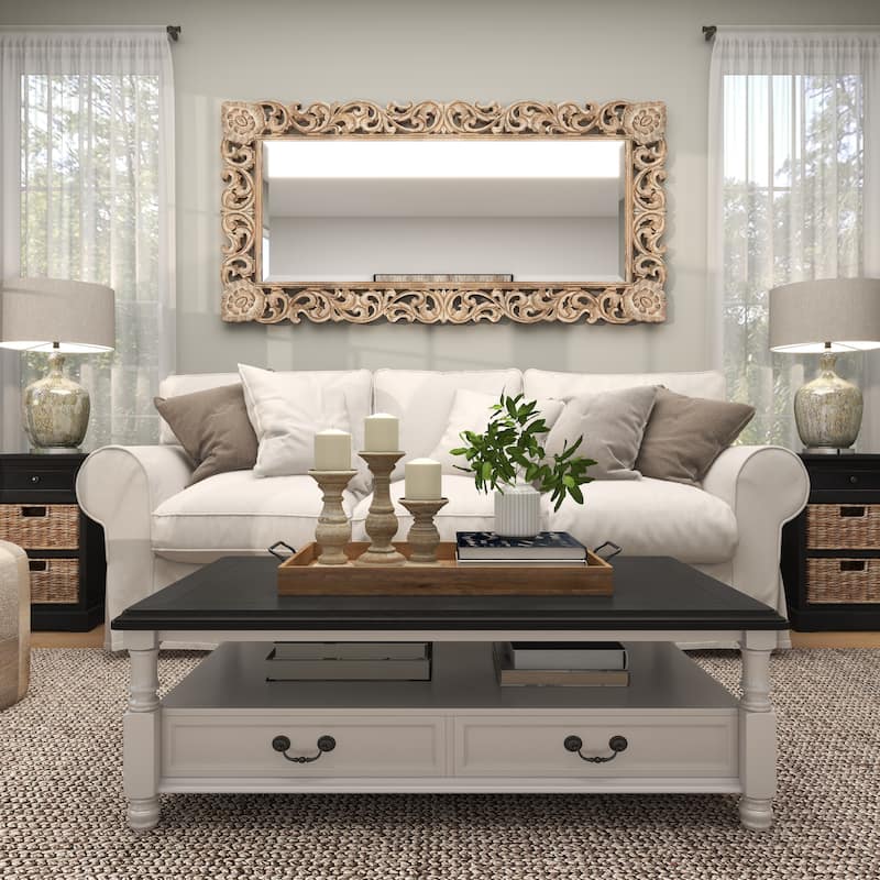 Light Brown Mango Wood Intricately Carved Floral Room Wall Mirror