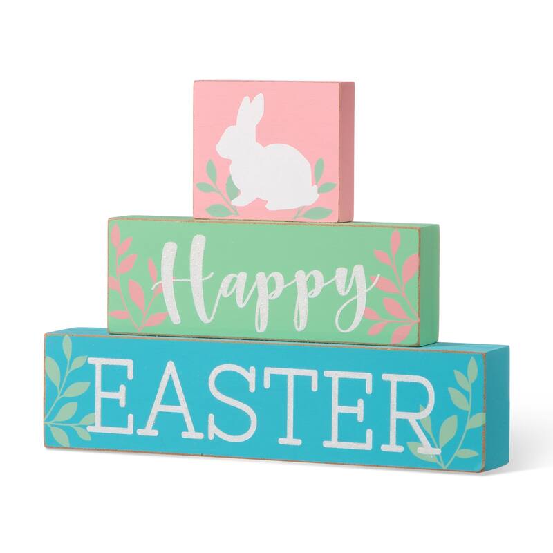 Glitzhome 9.5"L Wooden Block Easter Bunny Table Sign Decor "Happy Easter"