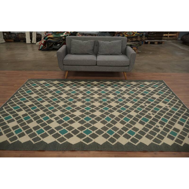 Hand Woven Oriental 100% Wool Carpet Southwestern Tribal Greys & Charcoal Kilim Area Rug - 9' 9'' X 6' 9''