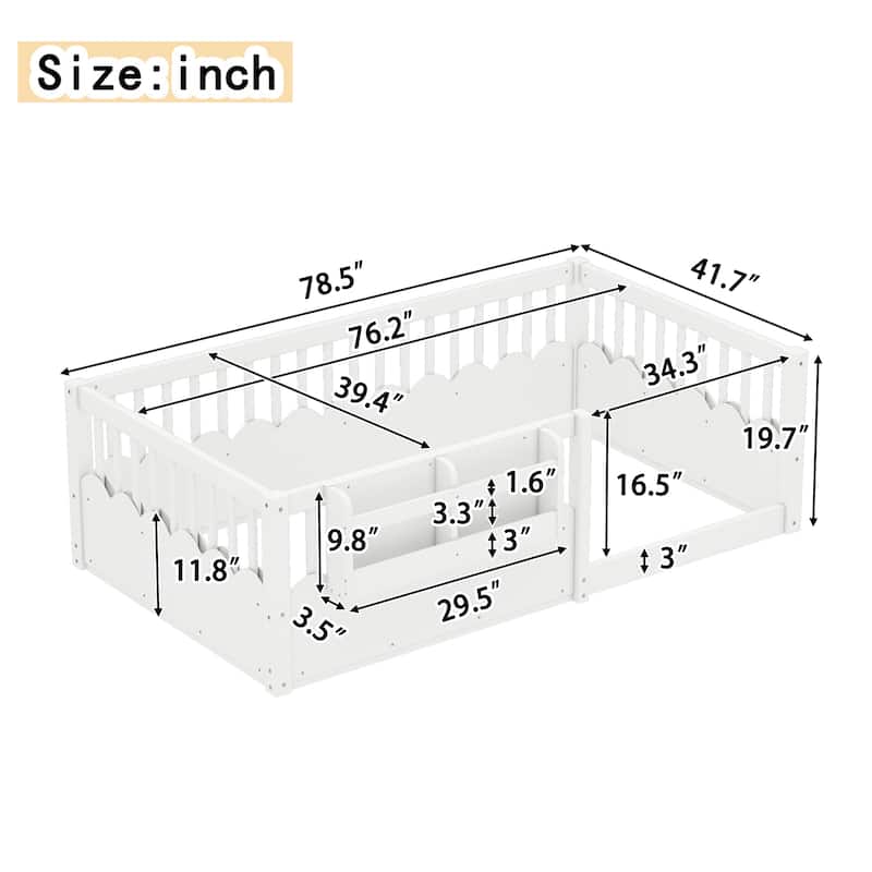 Montessori Floor Bed Kids Bed Frame with Heightened Fence and Bookshelf, Wavy Decoration Wood Platform Bed, No Slats Design