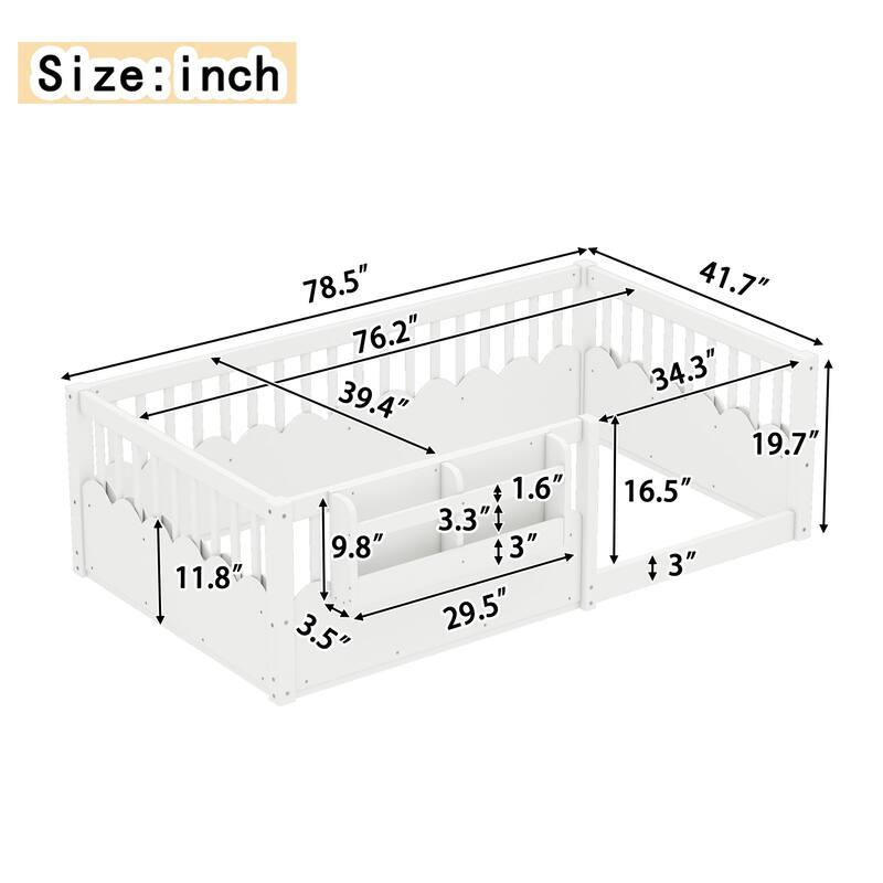 Roomfitters Floor Bed with Bookshelf and Heightened Fence, Solid Wood Frame with Guardrails