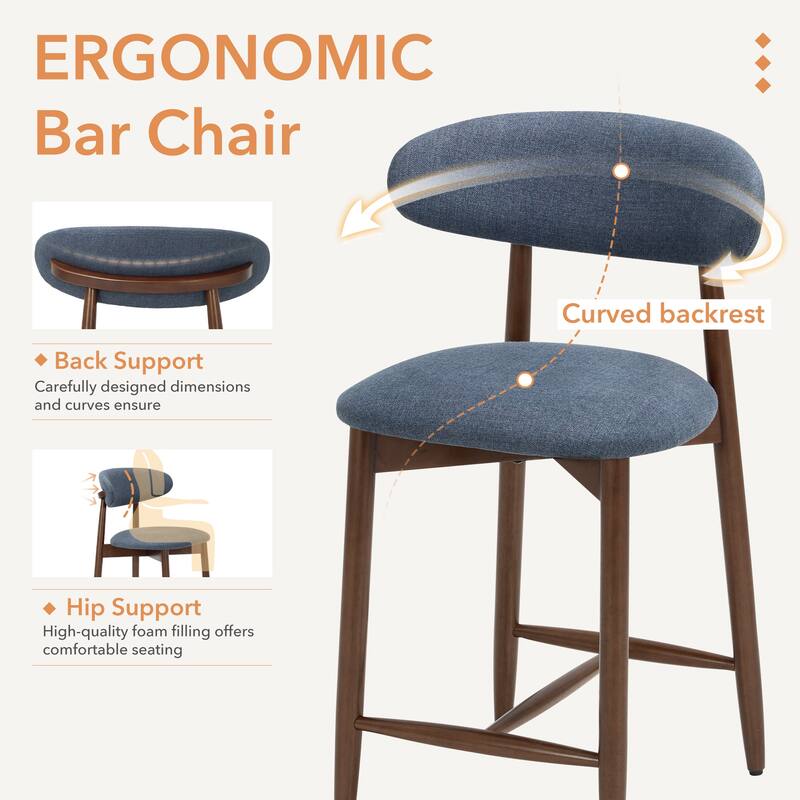 Mid-Century Modern Upholstered Bar Stools with Backrest - Solid Wood Legs Counter Height Stools