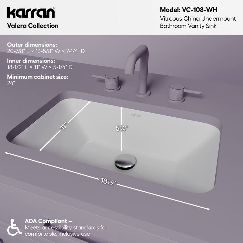 Karran 20-7/8" Undermount Vitreous China Bathroom Sink In White
