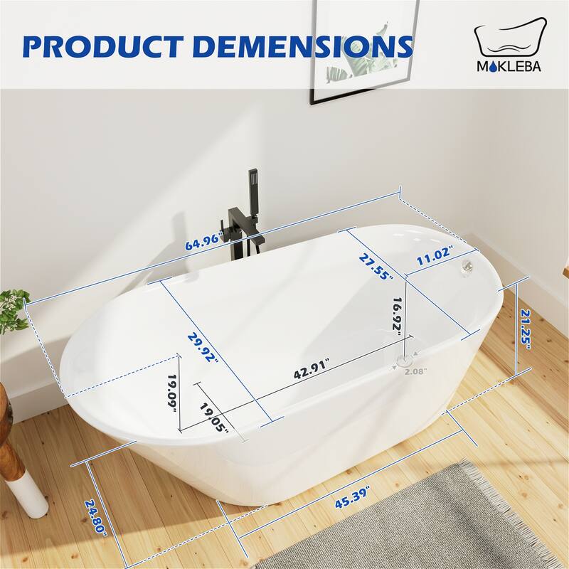 63 in. Acrylic Flatbottom Freestanding Bathtub Soaking with Pop Up Drain