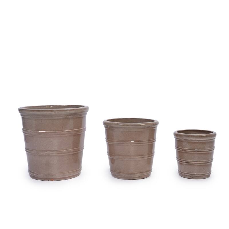 Handmade Glazed Ceramic Planter Set of 3, 16/13/10 Inch Diameter, Horizontal Rib Design