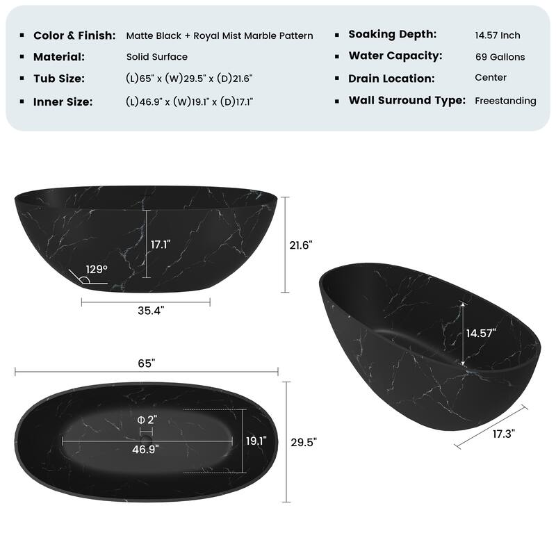 65 in. x 30 in. Solid Surface Freestanding Soaking Bathtub in Matte Black with Royal Misty Marble Pattern, Center Drain