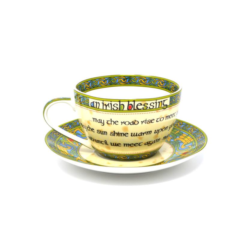 10.5oz Bone China Cup with Saucer multi-Color Irish Blessing and Celtic Knot Design