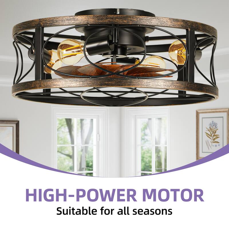 Moasis Farmhouse Flush Mount 20 Inch Caged Ceiling Fan with Lights and Remote - 20 inch