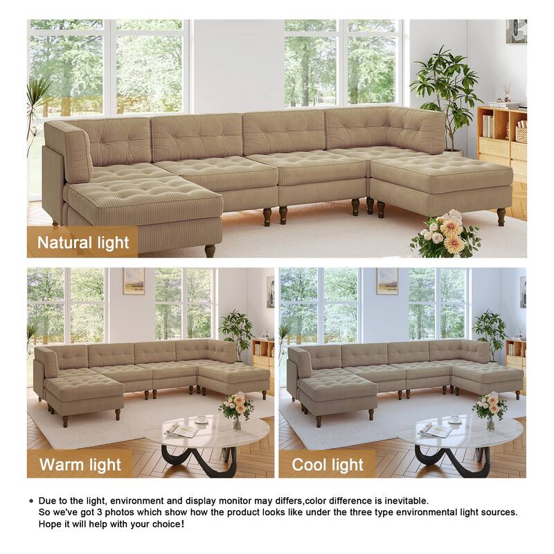 130"W Corduroy Upholstered Modular Sectional Sofa with Storage Ottoman