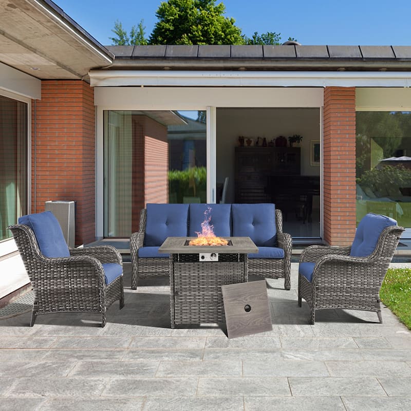 4-piece Outdoor Patio Sofa Chair Set With Fire Pit Table - Blue - Grey