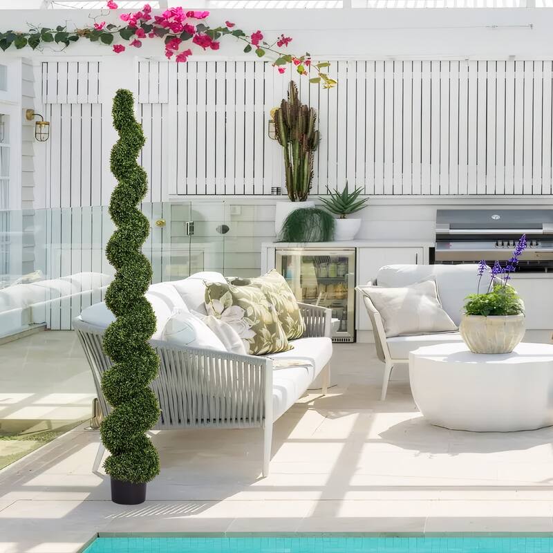 7FT Spiral Topiary Trees Artificial Outdoor Faux Boxwood Plants Large Twisted Green Potted Trees, 1pc/set