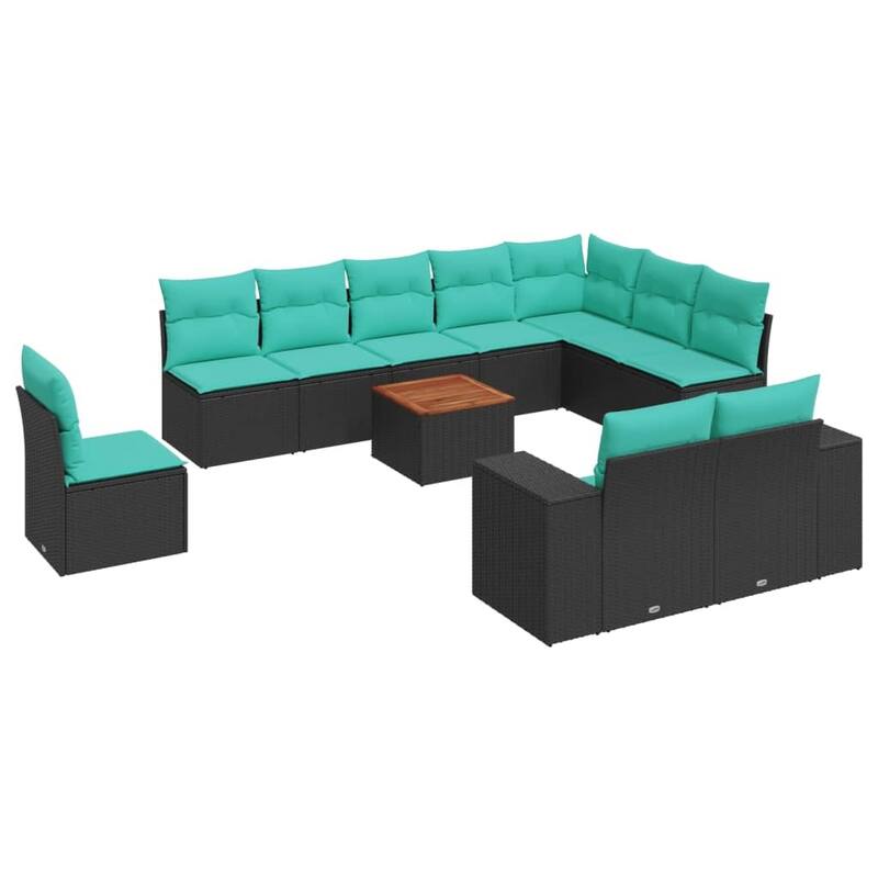 vidaXL 11 Piece Patio Sofa Set with Cushions Black Poly Rattan - 24.4 x 24.4 x 27.2
