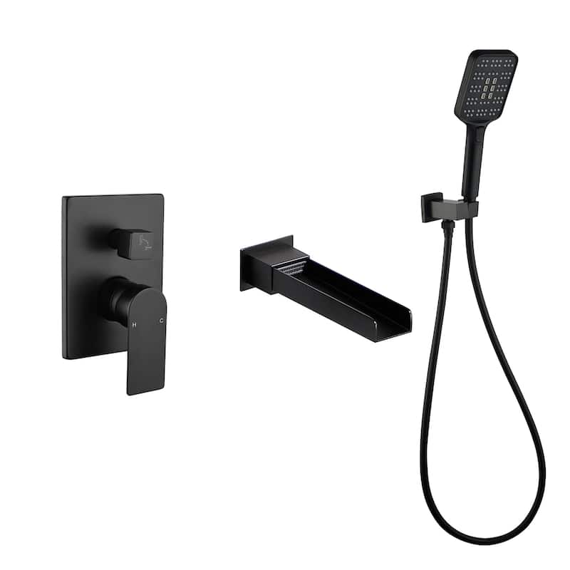 Waterfall Tub Faucet Wall Mounted Single Handle Tub Fillers with Handheld Shower Bathtub Faucet with Rough-in Valve