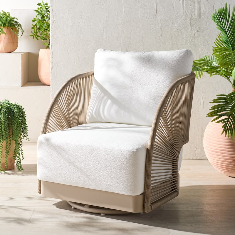SAFAVIEH COUTURE Adelandra Swivel Outdoor Chair - 30"W x 32"D x 30"H - Light Grey/White