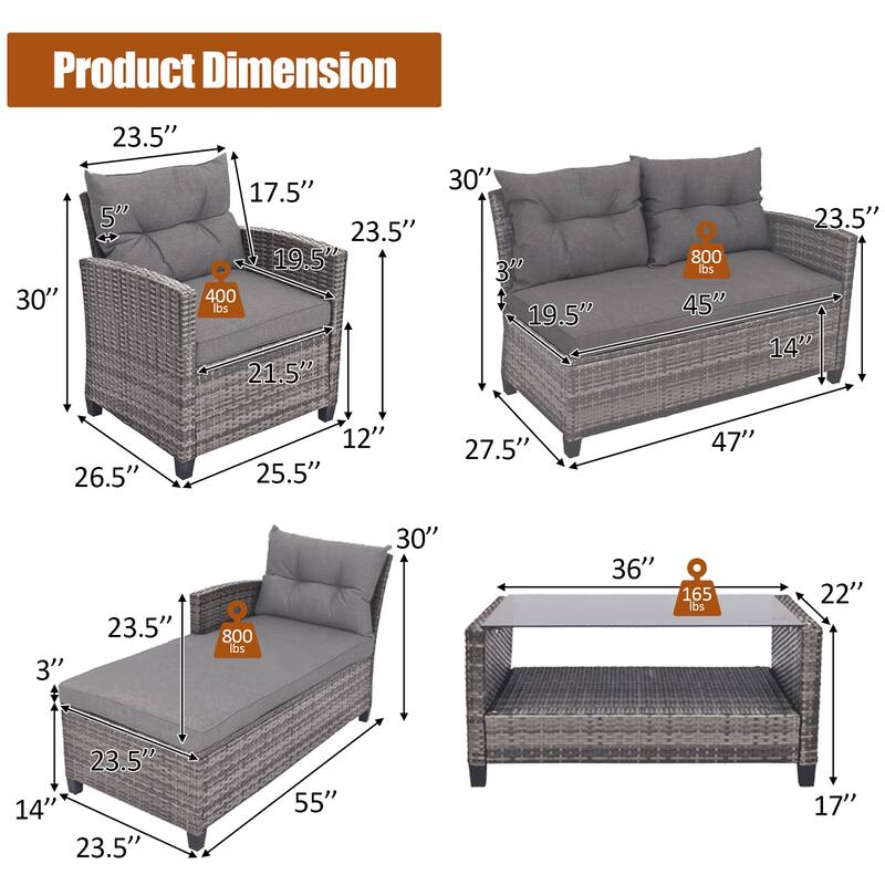 4 PCS Patio Wicker Furniture Set Outdoor Conversation Set with Table