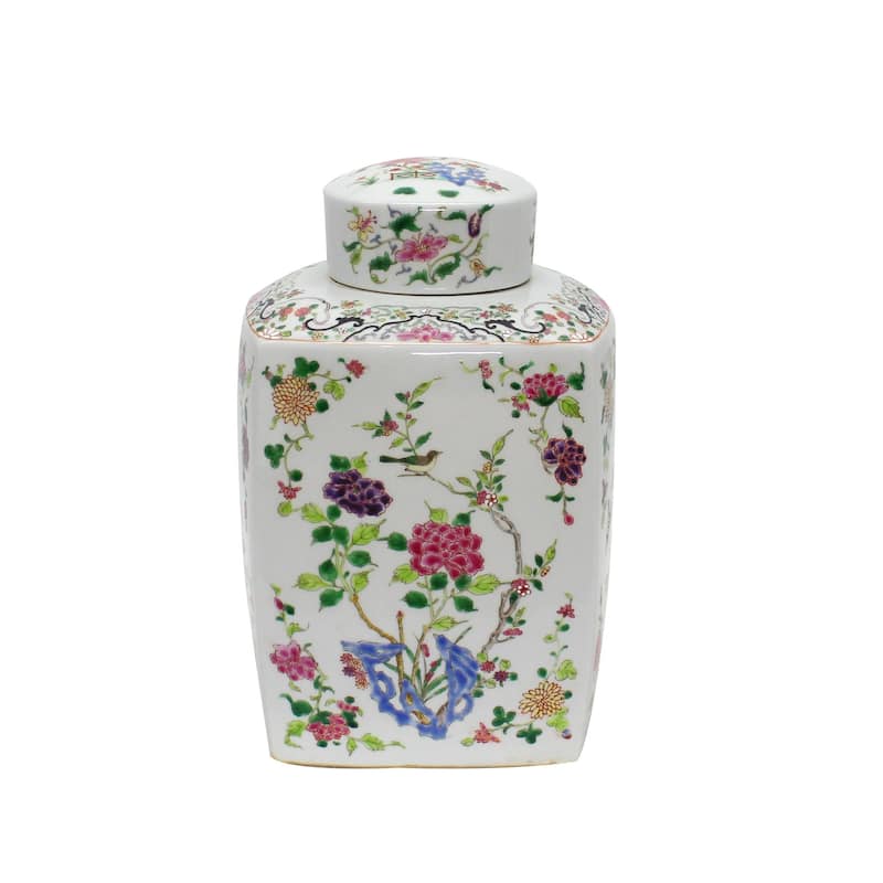 Handmade Chinoisery Floral Cylinder Tea Decorative Jar