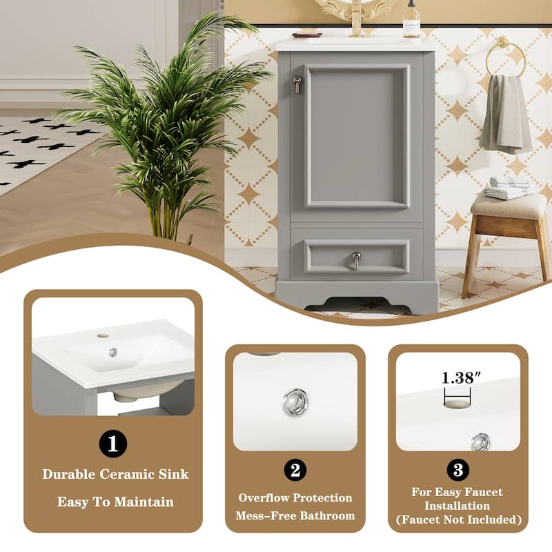 20" Bathroom Vanity with Ceramic Sink, Soft-Close Door, Drawer, Adjustable U-Shaped Shelf, Modern Freestanding Design
