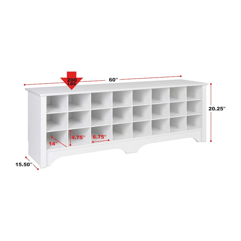 Prepac Hall Bench with Storage and Seating: 24-Shoe Cubby Bench, Ideal White Shoe Rack for Entryway