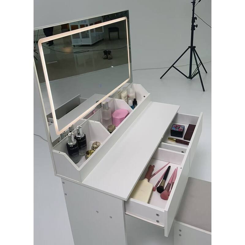 31" x 20" Extra Large LED Mirror Makeup Vanity Table with Stool, Touch Control, Adjustable Brightness & Storage