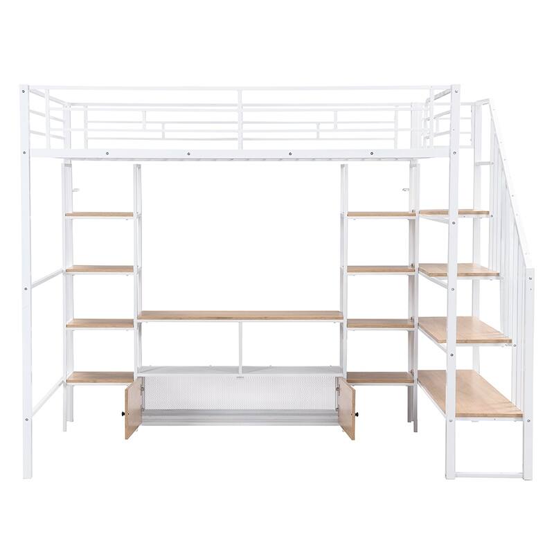 Full Size Metal Loft Bed with Storage Staircase & Work Table (250lb Capacity)