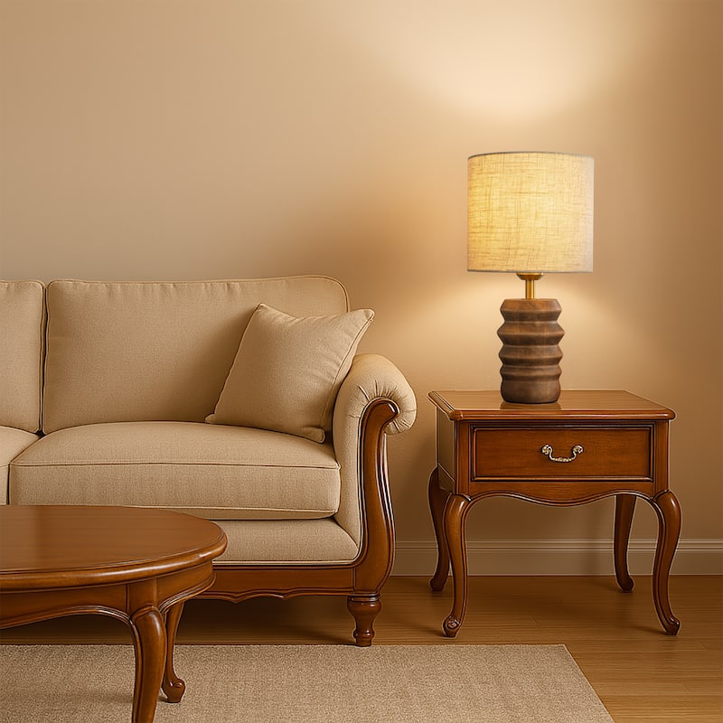 15'' Japandi Solid Wood Base Table Lamp Modern Classic Nightstand Lamp with Beige Fabric Shade for Bedside Foyer Dining Room
