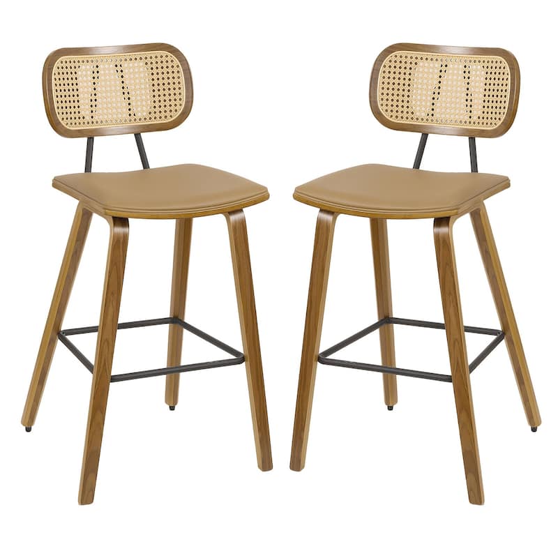 26-inch Wood Counter Height Bar Stools with Rattan Back - Set of 2 - Brown PU-natural frame