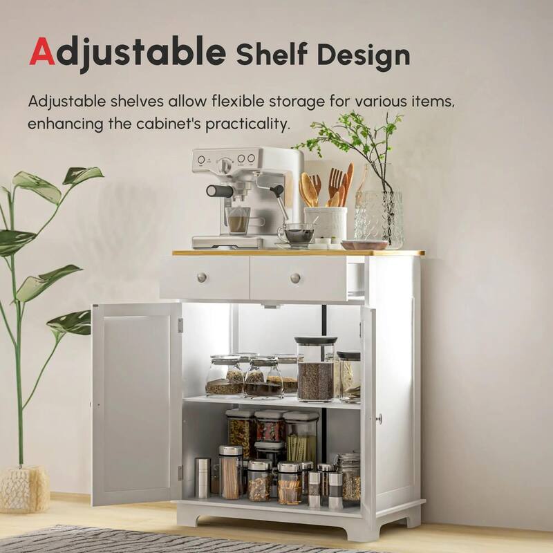 Kitchen Storage Cabinet with Solid Wood Top,Adjustable Shelf,2 Drawers
