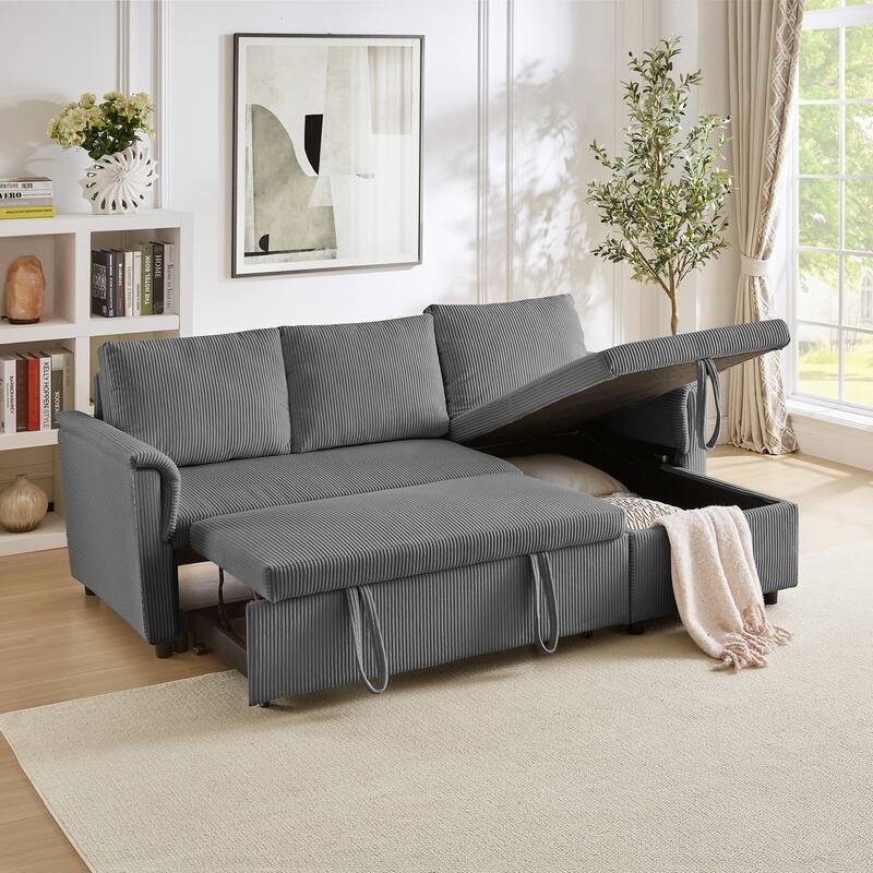 Corduroy L-Shape Sofa Convertible Sofa with Pull Out Sleep Bed