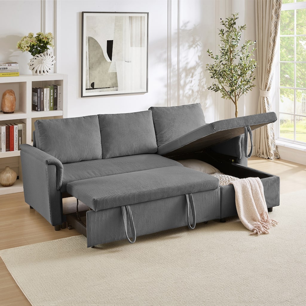 Pull-out Daybed L-Shaped Loveseat Sofa with Storage Chaise Lounge Convertible Sleeper Sofa Bed Tufted Upholstered Reclining