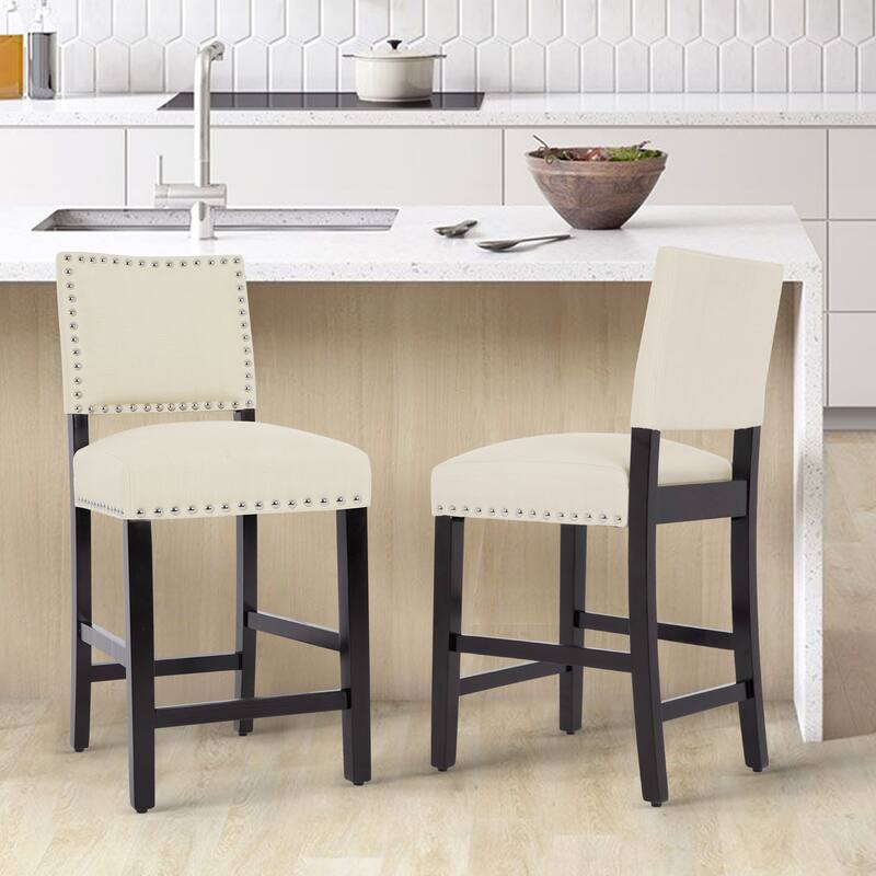 24 Inches Fabric Upholstered Counter Height Bar stools with Back and Silver Nailhead Trim Set of 2