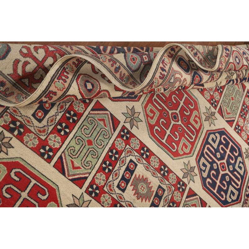 All-Over Geometric Kazak Area Rug Handmade Wool Carpet - 6'9" x 9'6"