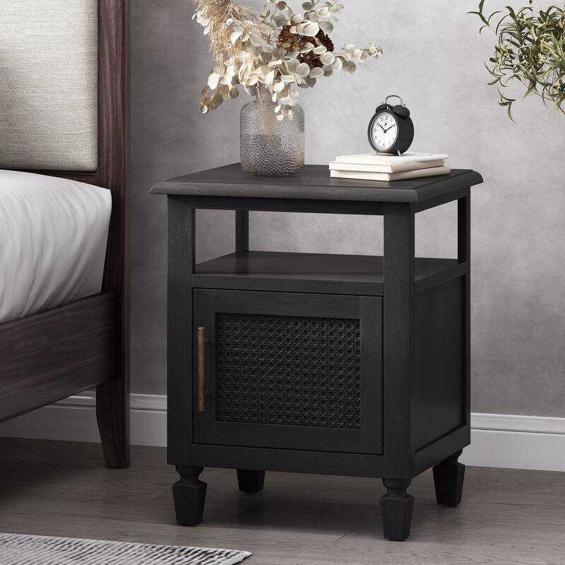 Roomfitters Modern Wood Nightstand with Open Shelf and Cabinet, Accent Side Table with Textured Door and Brass Handle, Dark Grey - Dark Grey