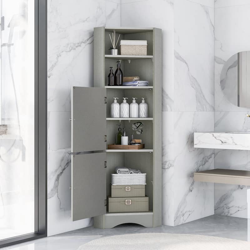 61" Wood 2-door Bathroom Corner Cabinet with Exterior Shelves