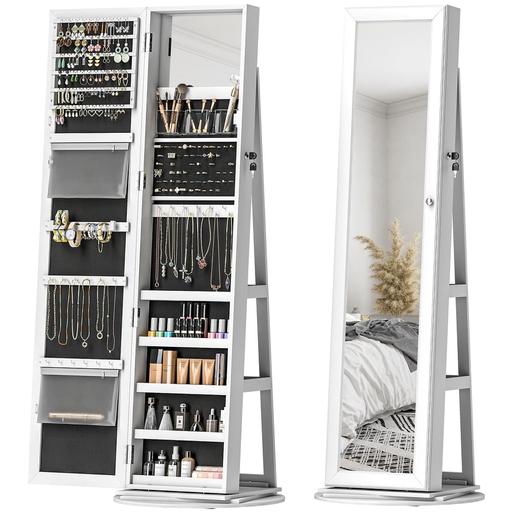 HOMCOM 360° Swivel Jewelry Cabinet, Lockable Jewelry Armoire Organizer with Full-Length Mirror for Bedroom Living Room