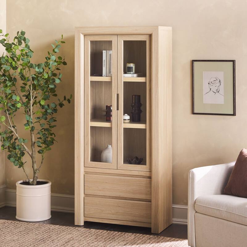 Walker Edison Modern Wood Bookshelf with Glass Doors and Drawer Storage