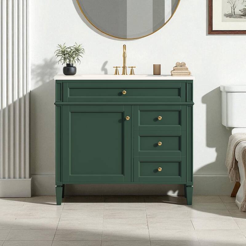 36 Inch Bathroom Vanity with Sink, Freestanding Cabinet with 2 Drawers, Tip-Out Drawer, Soft-Close Door & Resin Basin - Green